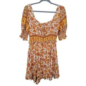 Indikah Short Sleeve Cotton Floral Print Bohemian Mini Dress Yellow Size Large